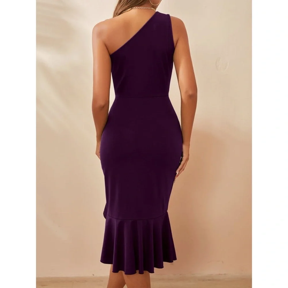 120. LARGE NEW YOESEE Women One Shoulder Sleeveless Bodycon Dress Side Split Ruf - Picture 5 of 6